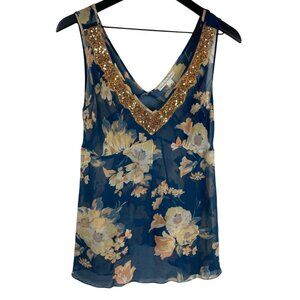 Banana Republic Top Women's Blue Sz 8 Silk Babydoll Sequins Floral Whimsy 90's